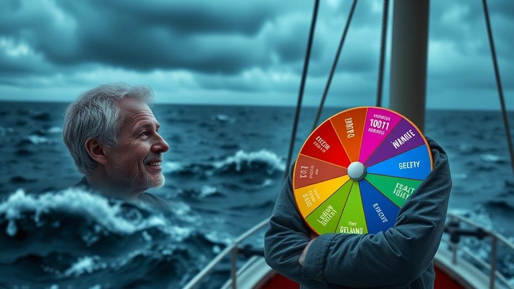 A calm investor on a steady ship navigates a stormy sea, looking at a diversified portfolio pie chart, symbolizing a sound long-term strategy.