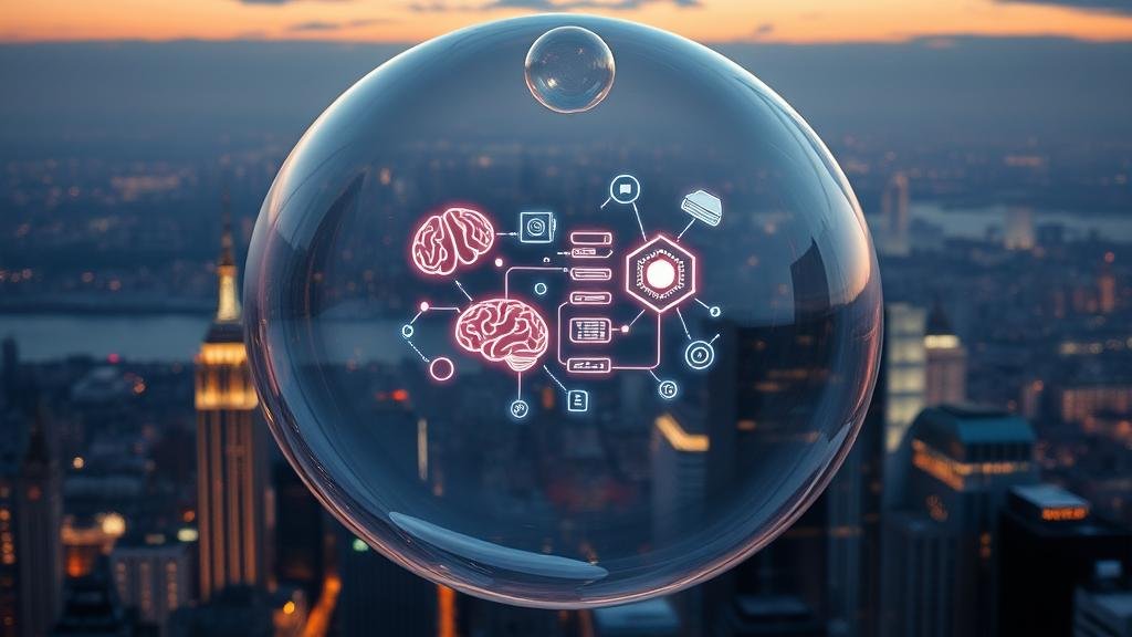 A shimmering, fragile bubble containing AI symbols floating over a city, illustrating the concept of a potential AI bubble.
