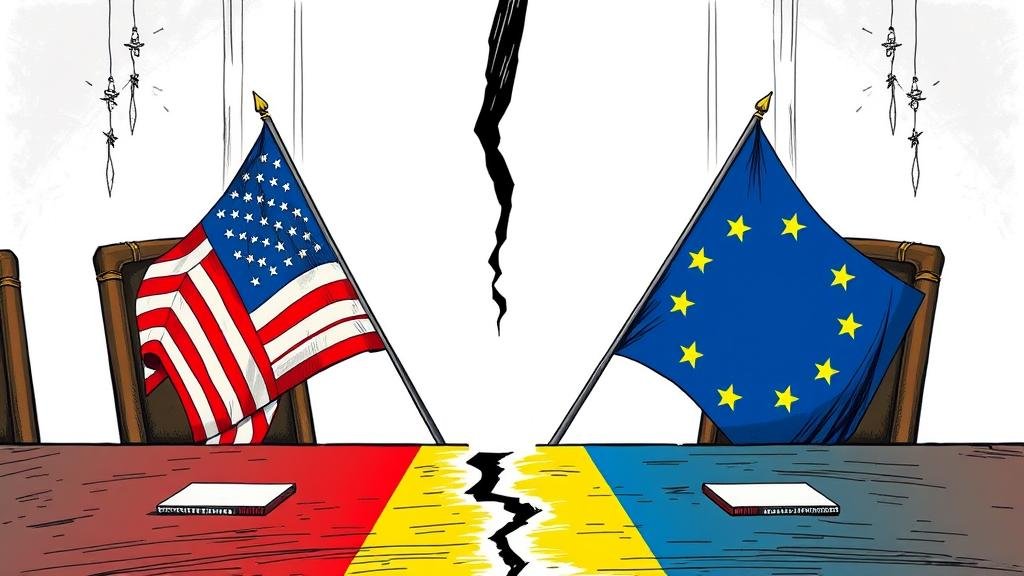 A dramatic illustration of a crack appearing on a diplomatic table between the American flag and European Union flag, symbolizing a fractured alliance over a secret peace plan for Ukraine.