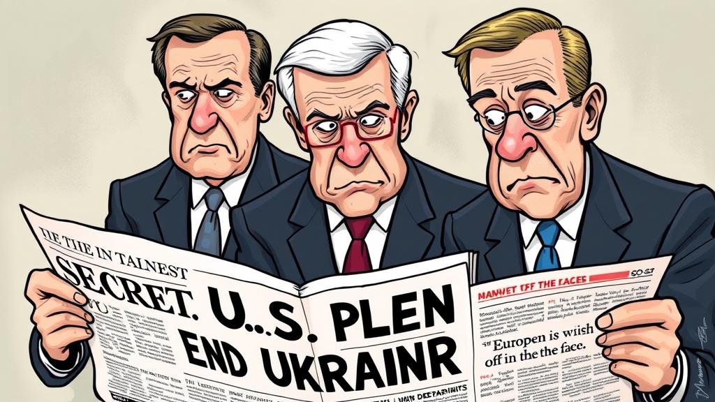 An illustration depicting shocked and angry European leaders reading a newspaper with the headline 'Secret U.S. Plan to End Ukraine War'. One diplomat is shown with their head in their hands, conveying a sense of betrayal and disbelief, described as a 'slap in the face'.