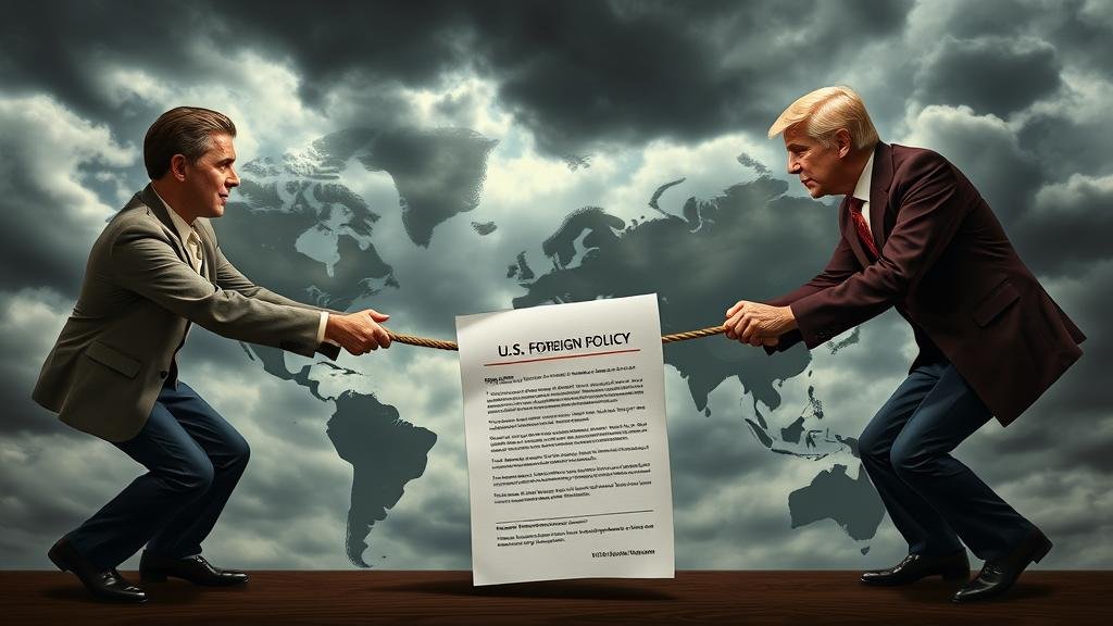 A metaphorical image of two figures, a 'Pragmatist' and a 'Hardliner,' engaged in a tug-of-war over a document labeled 'U.S. Foreign Policy.' In the background, the world map is shown under a stormy sky, representing the uncertainty and instability caused by the internal conflict in Washington.