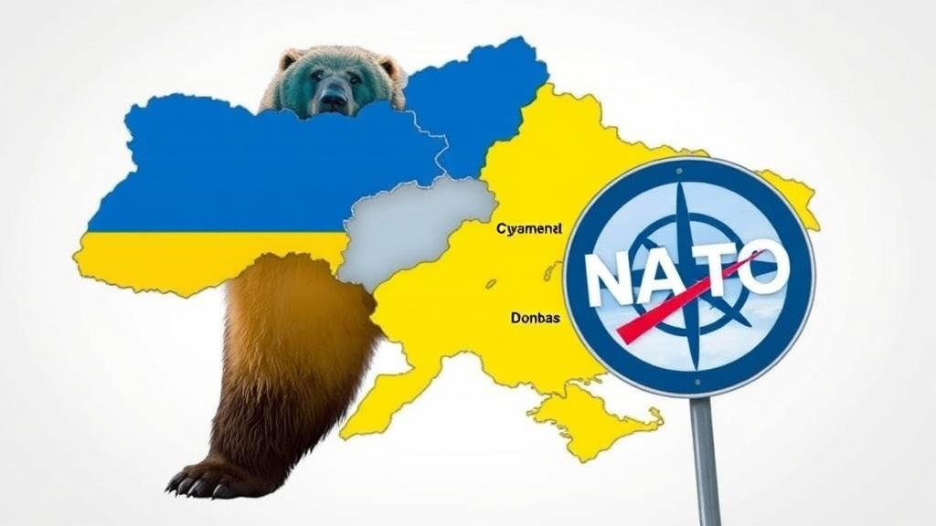 A symbolic image showing parts of a map of Ukraine, including Crimea and the Donbas region, being offered to a large Russian bear, while a sign for NATO membership is crossed out, representing the controversial concessions in the peace plan.