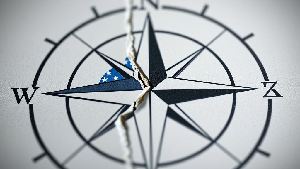An image of the NATO compass emblem with a visible crack running through it, separating the American star from the other member sections, symbolizing the fracturing of the transatlantic alliance.