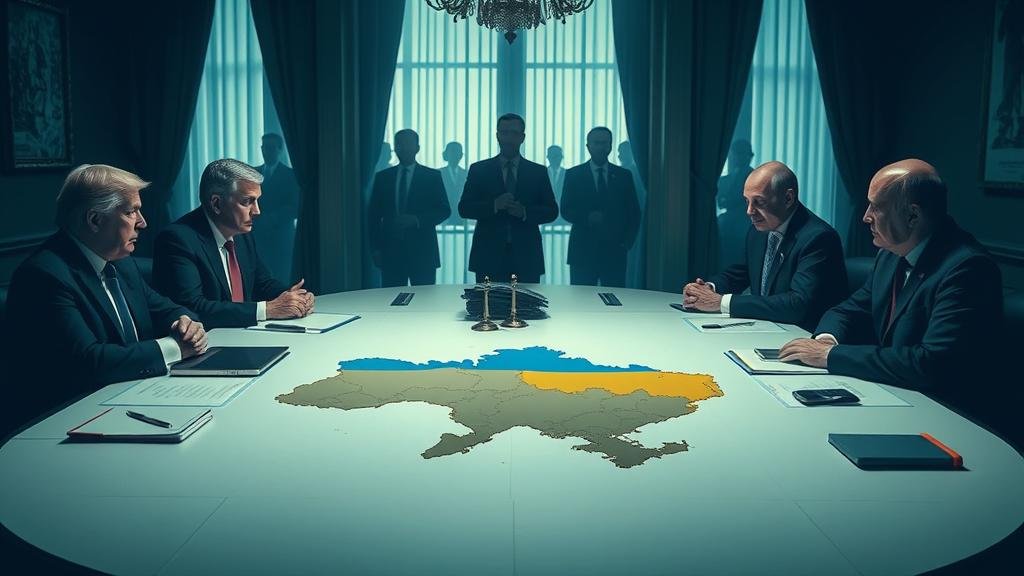 A clandestine meeting between American and Russian diplomats tavolo, with a map of Ukraine spread out. In the shadows, European and Ukrainian leaders are shown locked out of the room, conveying a sense of exclusion and secrecy.