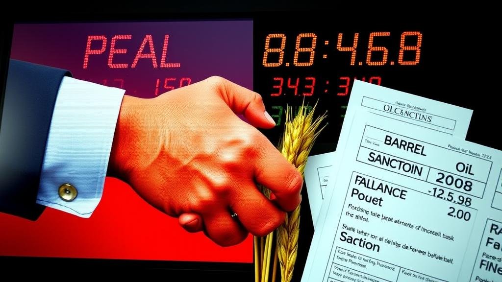 A volatile stock market ticker displaying fluctuating prices for oil barrels and wheat. The background shows a split image: one side with a handshake implying peace, and the other with sanction documents, representing the economic uncertainty and consequences of the rumored peace deal.