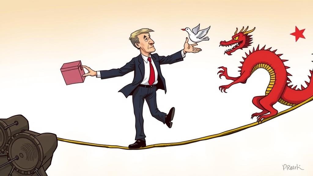 A political cartoon depicting a US politician walking a tightrope. In their hands, they juggle an election ballot box, a peace dove, and a Chinese dragon, representing the conflicting domestic and geopolitical motivations behind the deal.