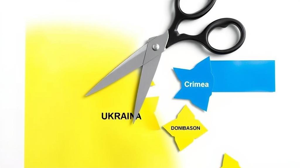 Ukrainian flag being cut to represent territorial cessions.