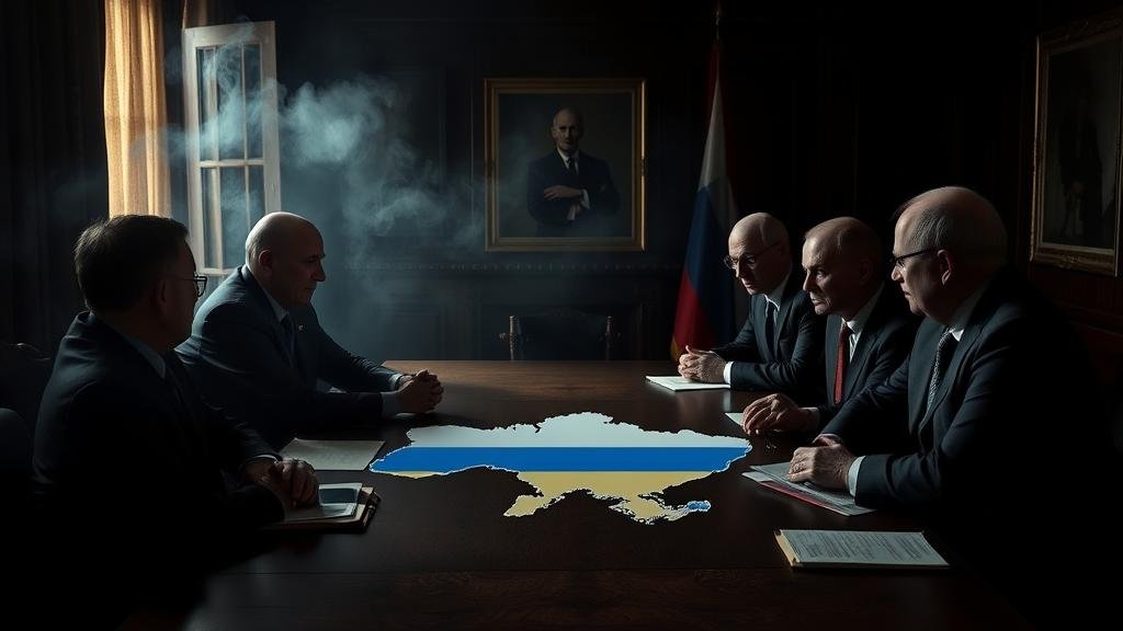 Clandestine meeting between American and Russian diplomats over a map of Ukraine.