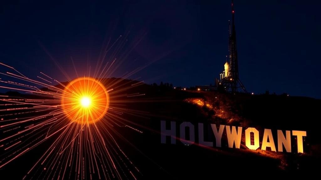A dramatic shot of the Hollywood sign, symbolizing the heart of the entertainment industry, being targeted by a futuristic, glowing data stream originating from Silicon Valley, representing the Ellison's tech-fueled bid for Paramount.