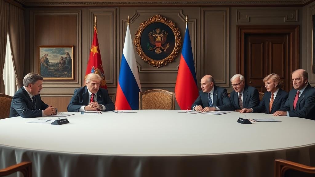 European leaders looking angrily at a negotiation between American and Russian leaders.