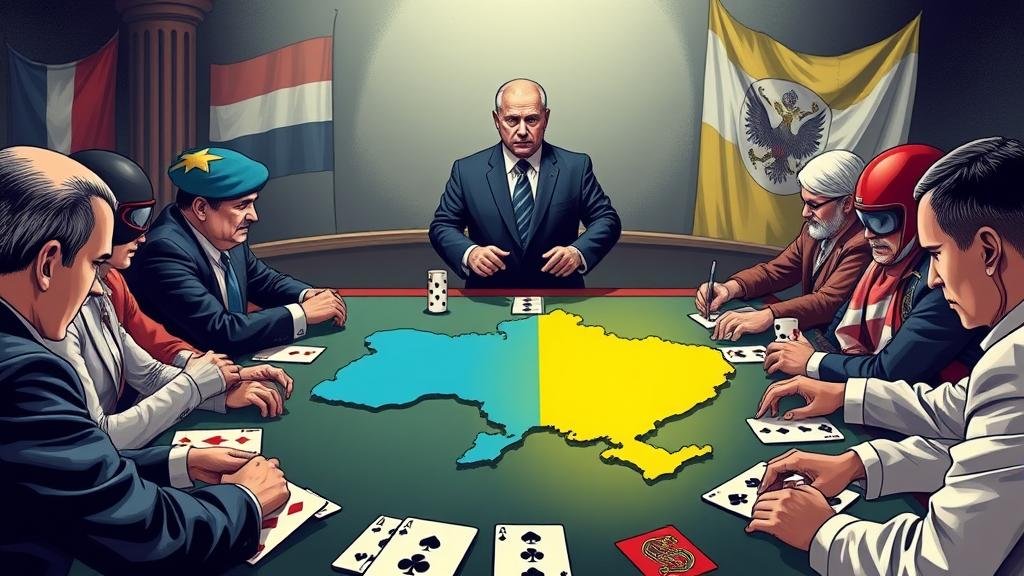 World powers playing poker with a map of Ukraine as the pot.