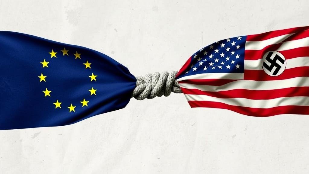 A visual representation of the transatlantic alliance showing a frayed rope connecting the flags of Europe and the United States, symbolizing deep divisions.