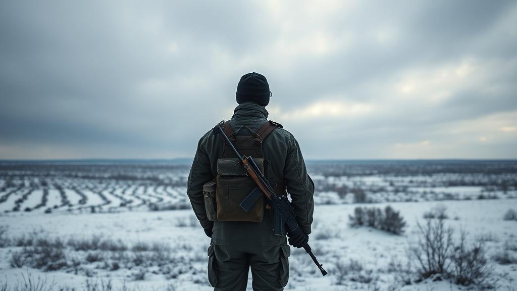 A powerful image of a lone Ukrainian soldier looking out over a desolate, frozen landscape, representing the grim reality of a 'frozen conflict'.