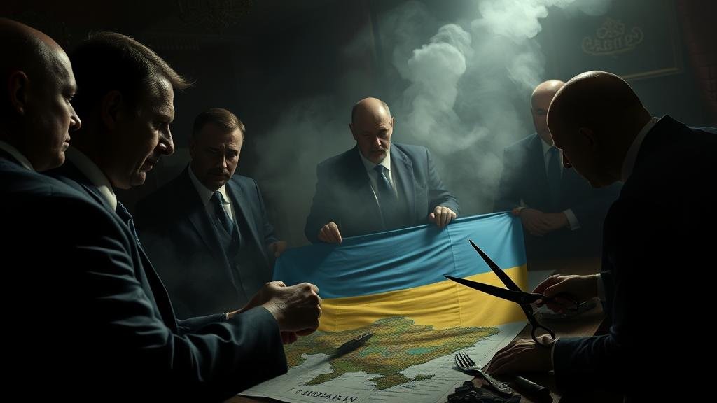 A sinister and secretive backroom deal showing figures redrawing a map of Ukraine while a Ukrainian flag is cut with scissors.