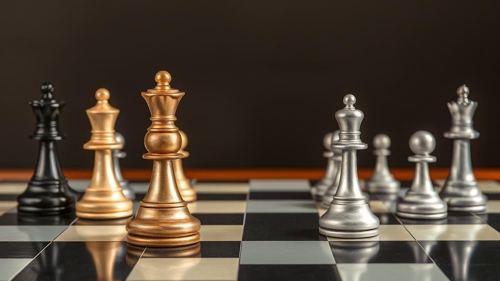 A high-stakes chess board where the king piece is the Paramount Pictures studio logo. On one side of the board are pieces representing Skydance and Oracle, and on the other side are pieces representing the competing bidder, Apollo Global Management, illustrating the tense battle for acquisition.