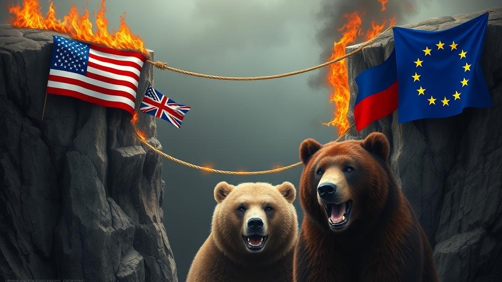 A frayed and burning rope bridge symbolizing the strained US-Europe alliance, with a menacing Russian bear watching from the chasm below.