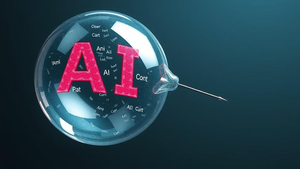 A metaphorical image of a massive, shimmering bubble with 'AI' brandished on it, on the verge of being popped by a pin. This visual represents the pivotal debate: is this the burst of an AI bubble or a necessary market correction?