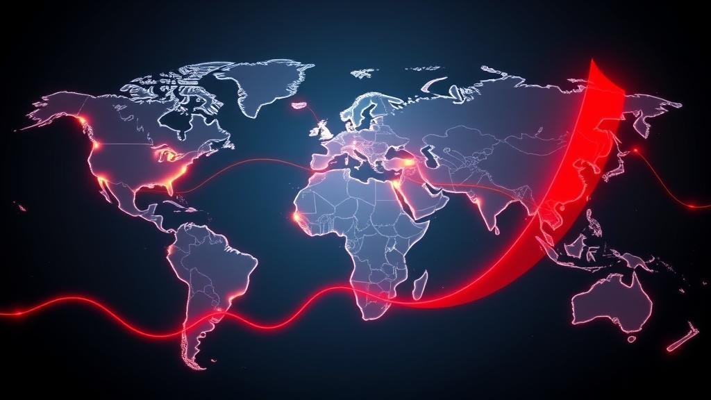 A stylized world map featuring glowing, interconnected lines linking the US, Asia, and Europe. A ripple effect, depicted as a red wave, starts from the US and spreads across the globe, illustrating the worldwide impact of the market correction.