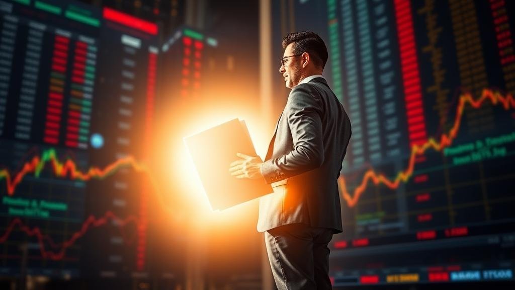 An investor standing firm, holding a glowing, diversified portfolio, while looking out at a volatile stock market. This image symbolizes a prudent, long-term investment strategy amidst market turbulence.