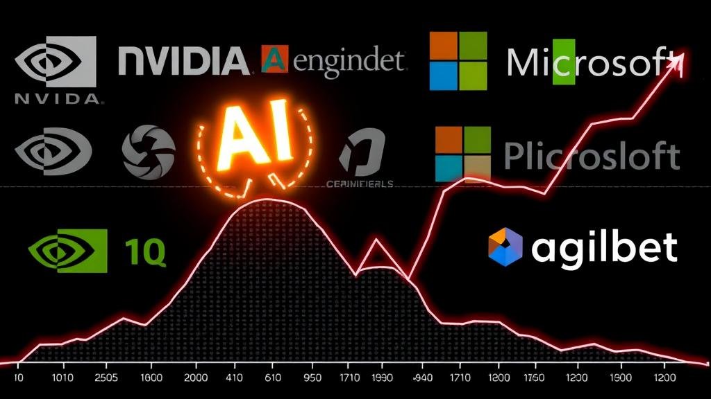 A plunging stock market graph with a large, glowing AI symbol at its peak, set against a backdrop of well-known tech company logos like Nvidia, Microsoft, and Alphabet, conveying a sense of a sharp downturn in the AI sector.