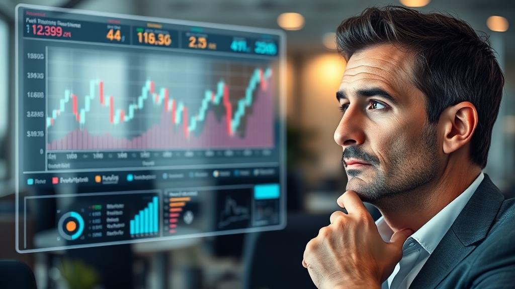 A thoughtful investor looking at a holographic interface with fluctuating stock charts, showing a calm and strategic perspective.