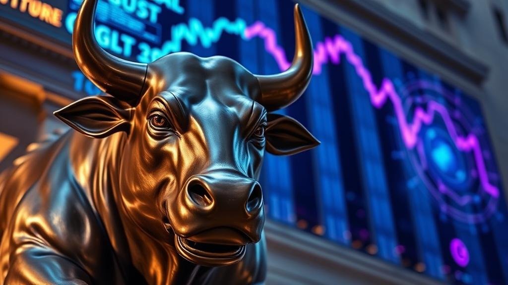 A dramatic image of the Wall Street bull statue looking worried, with glowing blue and purple charts behind it showing a steep decline.