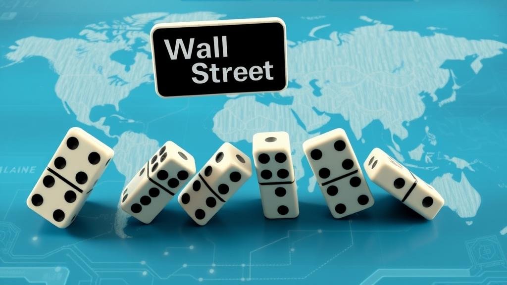 An image of a series of dominoes falling across a world map. The first domino, labeled 'Wall Street,' topples smaller dominoes representing Europe and Asia.