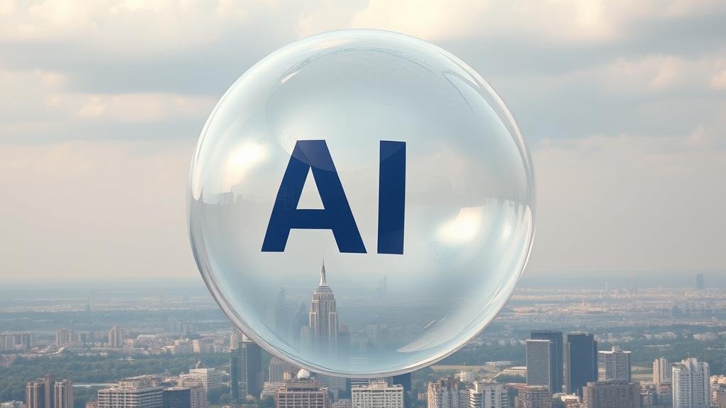 A photo-realistic image of a large, shimmering, translucent bubble with the letters 'AI' inside, deflating over a cityscape.