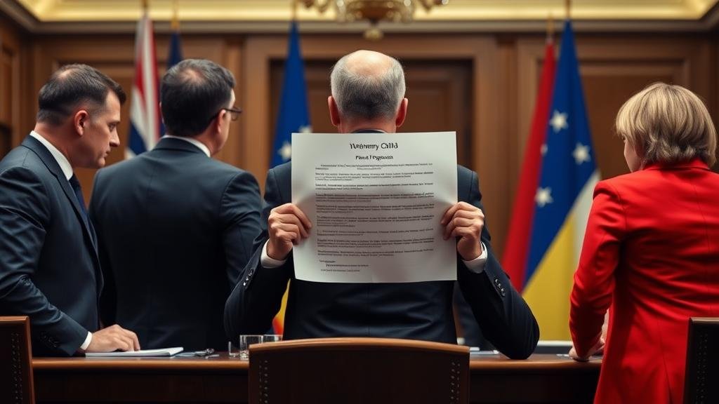 A dramatic scene of international diplomacy, with Ukrainian President Zelenskyy and European leaders from the UK, France, and Germany turning their backs on a peace proposal document. The mood is tense and defiant.
