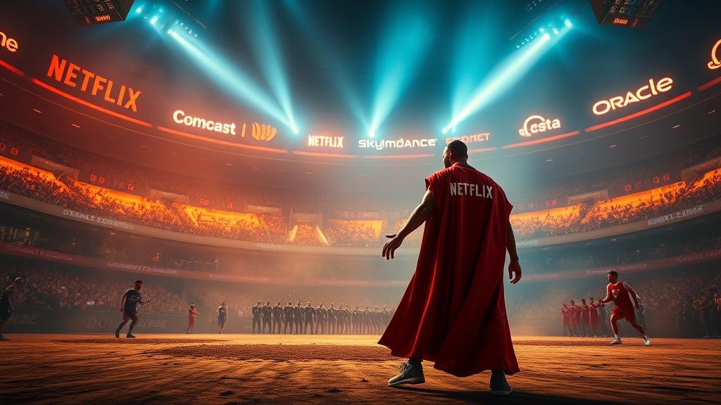 An arena for the 'streaming wars,' featuring established gladiators like Netflix and Comcast. A new, powerful challenger, draped in Skydance and Oracle branding and glowing with technological energy, confidently strides into the arena, ready to disrupt the entire entertainment landscape.