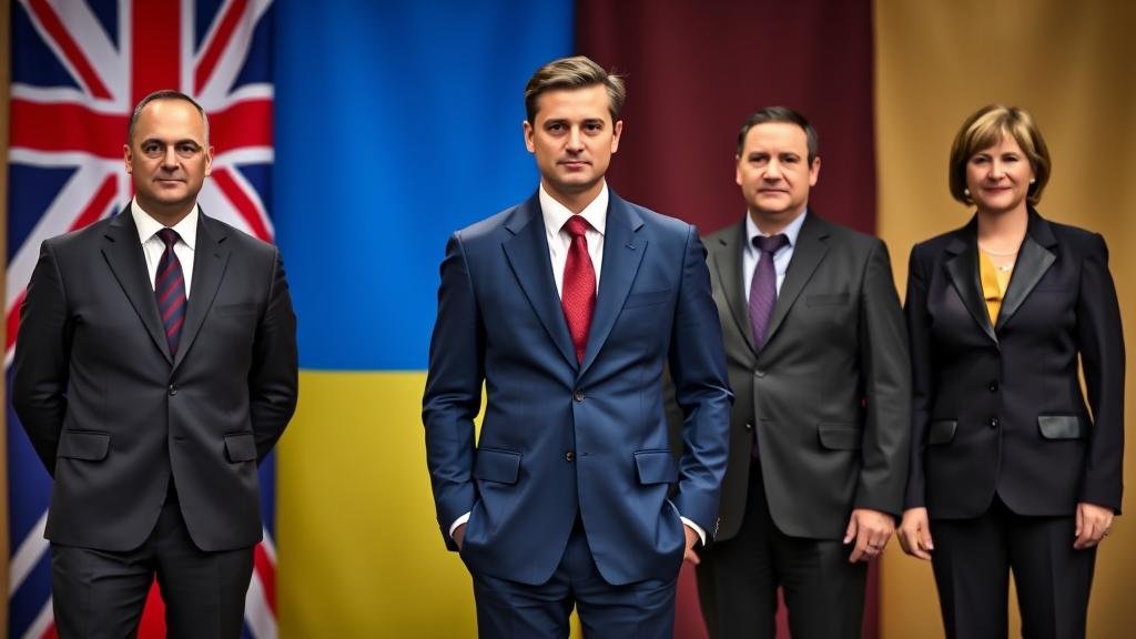 A powerful visual of Ukrainian President Zelenskyy standing shoulder-to-shoulder with the leaders of the UK, France, and Germany. They are united in their stance, with a backdrop that combines their national flags, symbolizing a strong alliance.