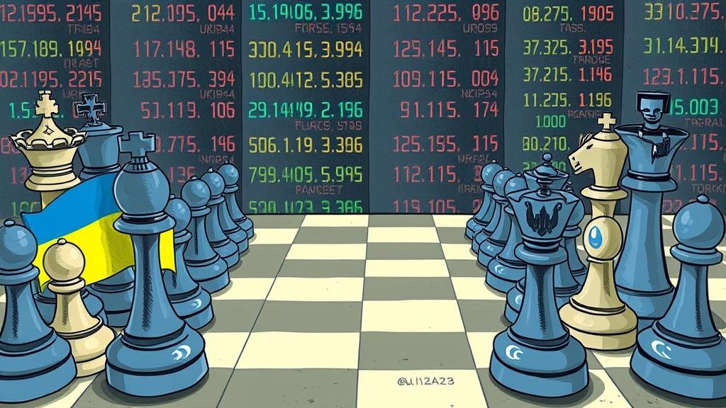 An illustration of a chess game representing the geopolitical uncertainty of the Ukraine war. One side, representing Ukraine and its allies, is making a bold, strategic move, while the other side is momentarily checked. The chessboard is set against a backdrop of global stock market tickers to represent the economic impact.