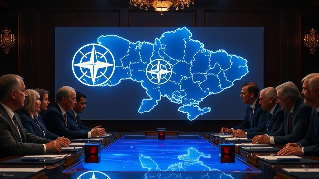 A dramatic scene showing a large, ornate key labeled 'SECURITY' being handed to a Ukrainian citizen, while a shadowy figure takes a piece of land from behind them.