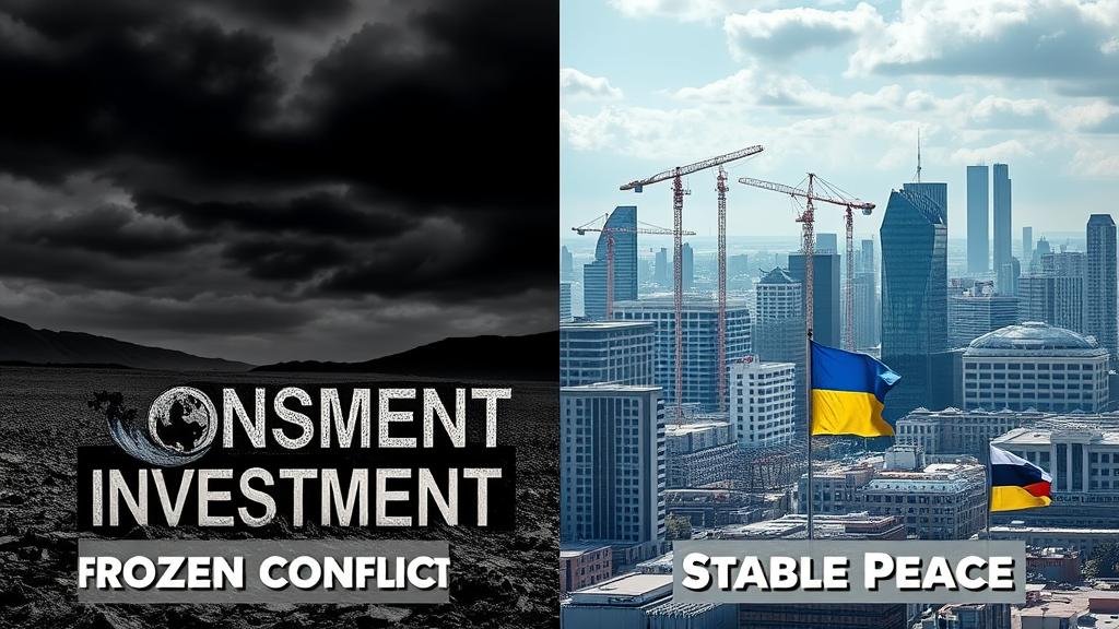A split-screen image showing a dark, desolate landscape labeled 'Frozen Conflict' versus a bright, modern cityscape of a rebuilt Ukraine labeled 'Stable Peace'.