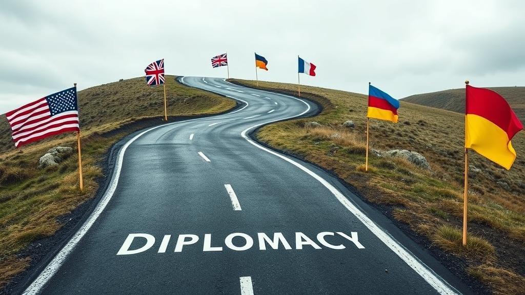 A split screen showing the flags of Ukraine, UK, France, and Germany on one side, and the US flag on the other, with a cracked peace dove in the middle, symbolizing the rejection of the peace proposal.