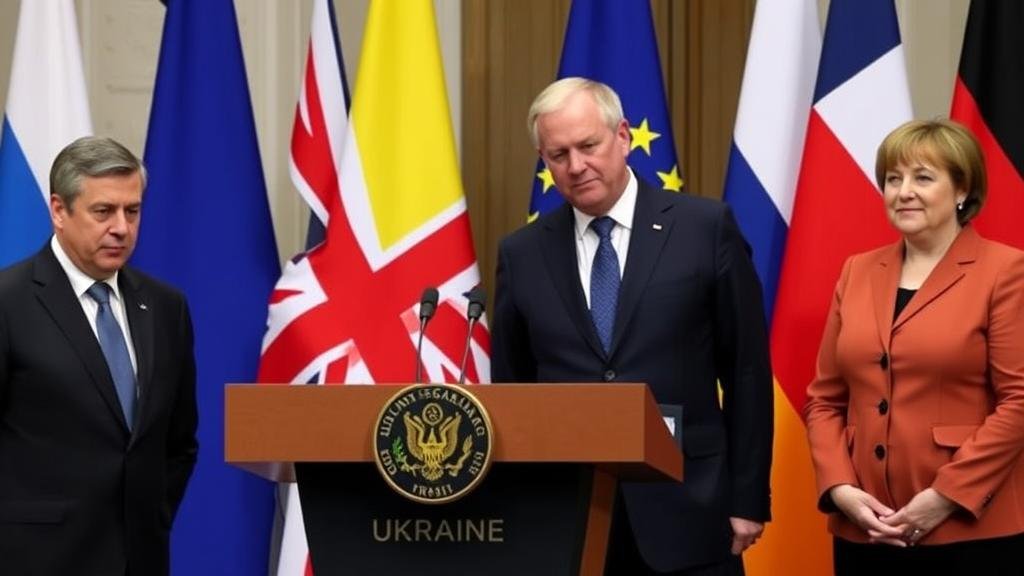 The leaders of Ukraine, UK, France, and Germany standing shoulder-to-shoulder at a podium, with their countries' flags behind them, signifying a united front.