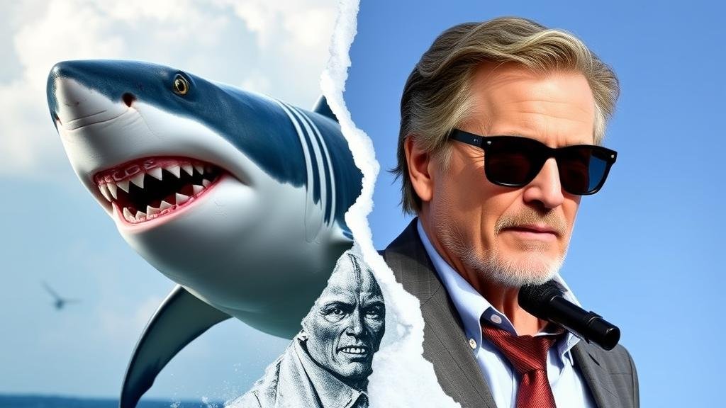 A metaphorical image split in two: on one side, a formidable shark in a business suit representing Larry Ellison's aggressive business tactics and wealth from Oracle. On the other side, a creative and successful Hollywood director, representing David Ellison's proven track record with Skydance Media.