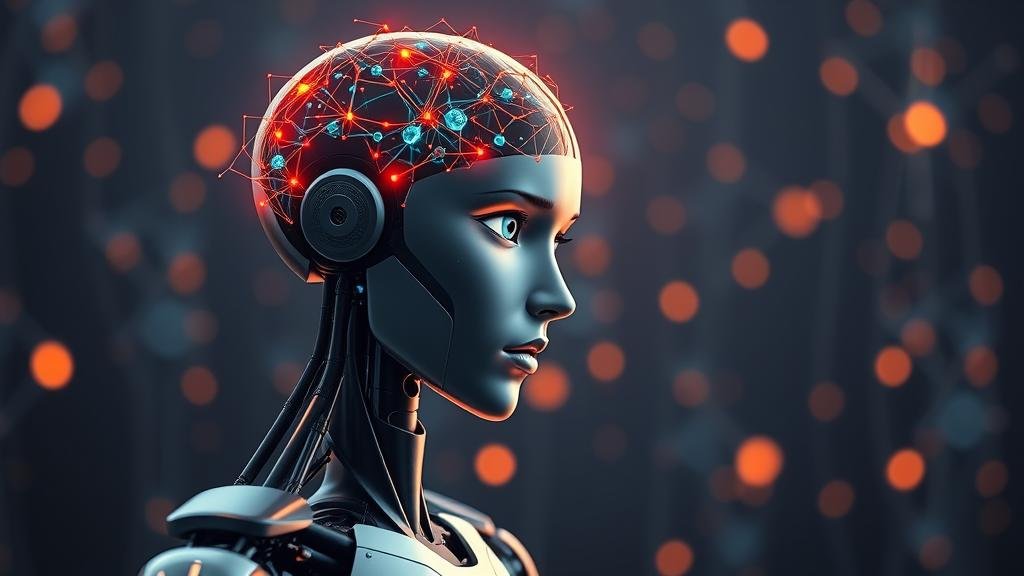 An awe-inspiring image of a sophisticated, human-like android in a thoughtful pose, with a brain of intricate, glowing neural networks, symbolizing the dawn of Artificial General Intelligence.
