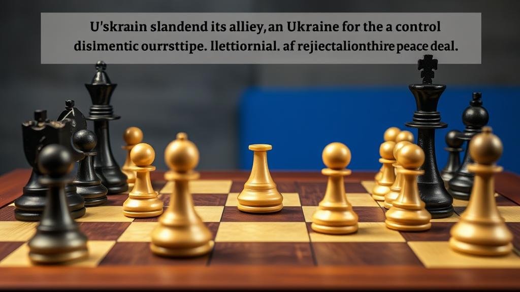 A visual representation of a chess game, with one side making a bold move, symbolizing Ukraine and its allies taking control of the diplomatic narrative and rejecting a disadvantageous peace deal.