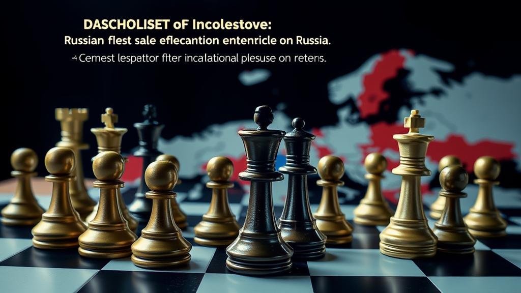 A geopolitical chessboard with chess pieces representing different countries, illustrating the high-stakes game of shifting alliances and the mounting international pressure on Russia.