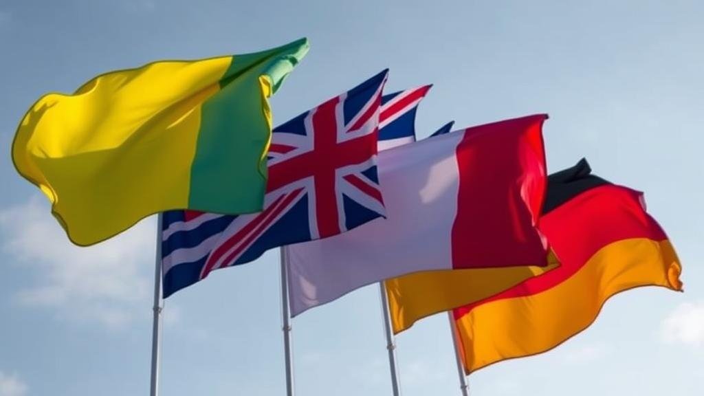 A powerful image of the Ukrainian, UK, French, and German flags flying together, symbolizing unity and a joint call for a ceasefire in the Russia-Ukraine war.