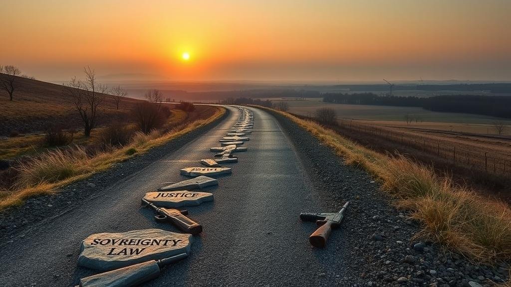 A winding road paved with stones like 'Justice' and 'Sovereignty' leading towards a hopeful sunrise over a peaceful Donbas region.