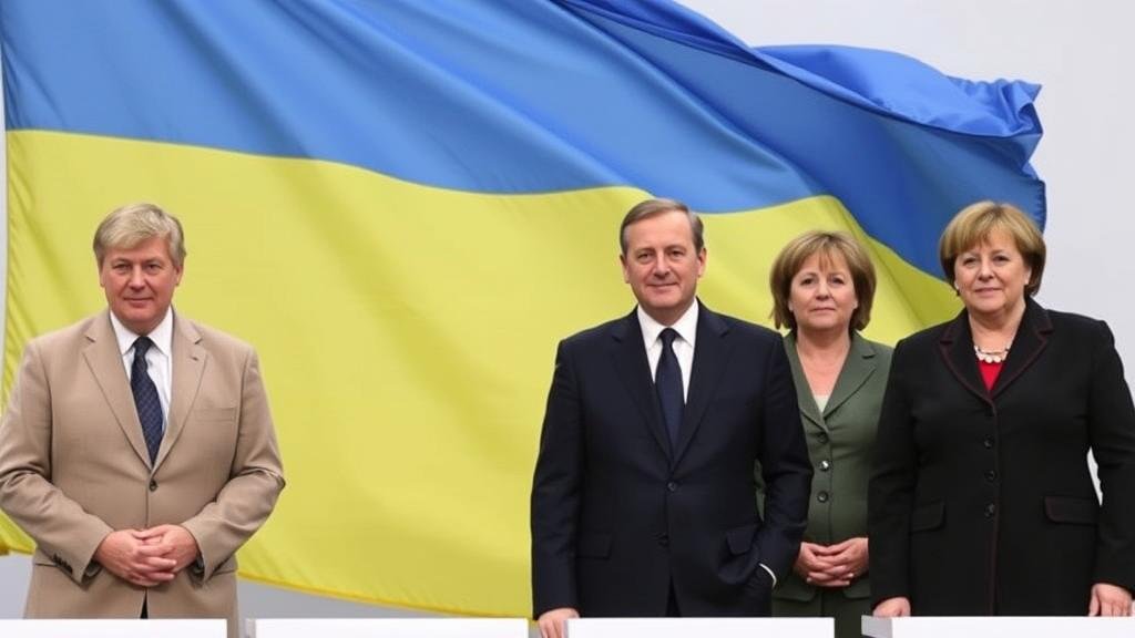 The leaders of Ukraine, the UK, France, and Germany standing united in front of a Ukrainian flag, conveying unwavering support.
