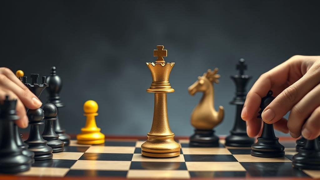 A metaphorical chess game where pieces representing the UK, France, and Germany are strategically placed to defend the Ukrainian king piece.