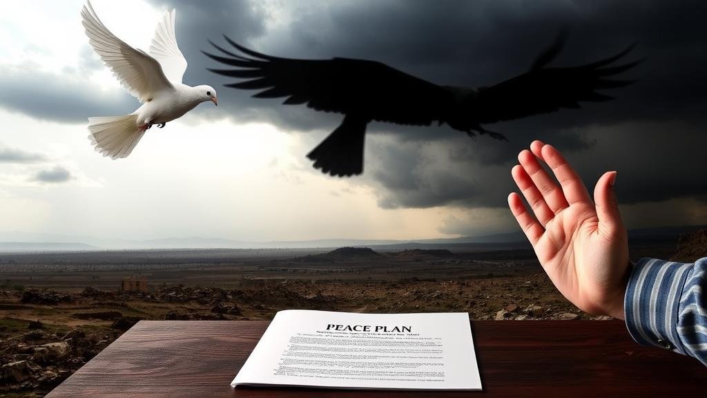 A symbolic image of a dove holding an olive branch casting the shadow of a vulture over a document titled PEACE PLAN on a table, with a hand hesitating.