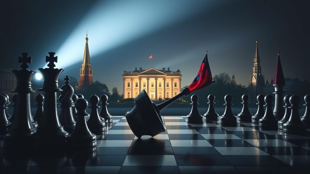 A metaphorical image of a chessboard being flipped over. In the background, European landmarks are lit up brightly, while the White House is in a spotlight, and the Kremlin is in shadows, symbolizing a shift in global power.