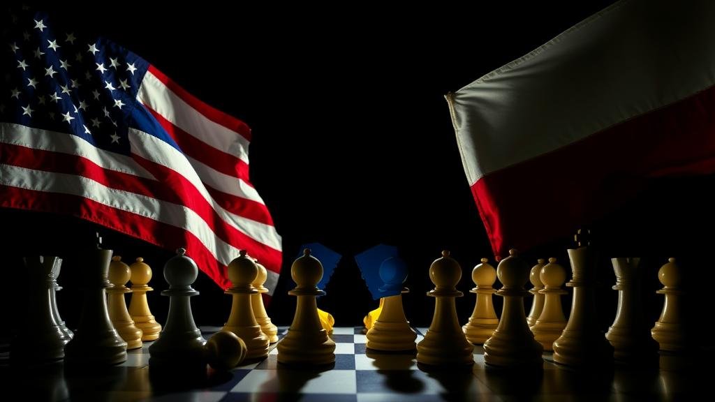 A dramatic, shadowy image of the American and Russian flags meeting over a chess board with broken Ukrainian flag pieces, symbolizing a secret deal being made without Ukraine's consent.