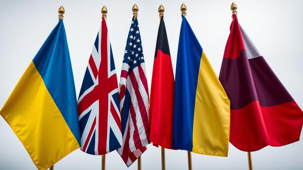 A powerful image of the Ukrainian, British, French, and German flags standing together, pushing back against the American and Russian flags, representing a united front and rejection of the deal.