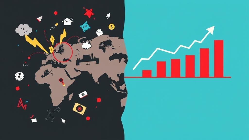 An image split into two contrasting halves. One side shows a chaotic, unstable world with crashing market graphs and symbols of conflict. The other side shows a stable, peaceful world with rising graphs and symbols of prosperity, representing the two possible outcomes of the ongoing conflict and the importance of a just peace.