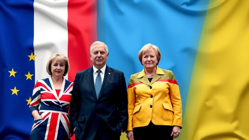An image depicting the leaders of the UK, France, Germany, and Ukraine standing together, shoulder-to-shoulder, presenting a united front. The background is a composite of their four national flags, blended together to symbolize their strong alliance.